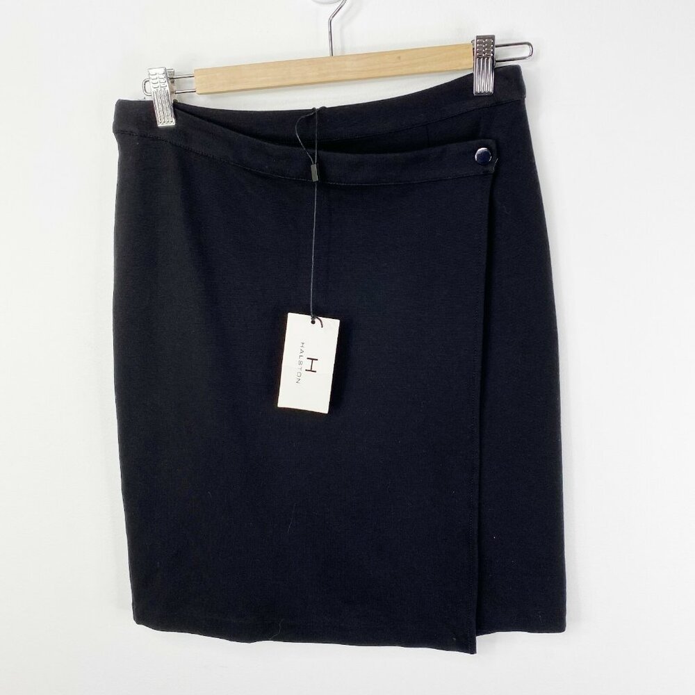 Halston Skirt Womens Size Small Solid Black Faux Wrap Pencil Work Career NEW NWT